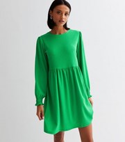 New Look Green Crinkle Long Sleeve Mini Smock Dress